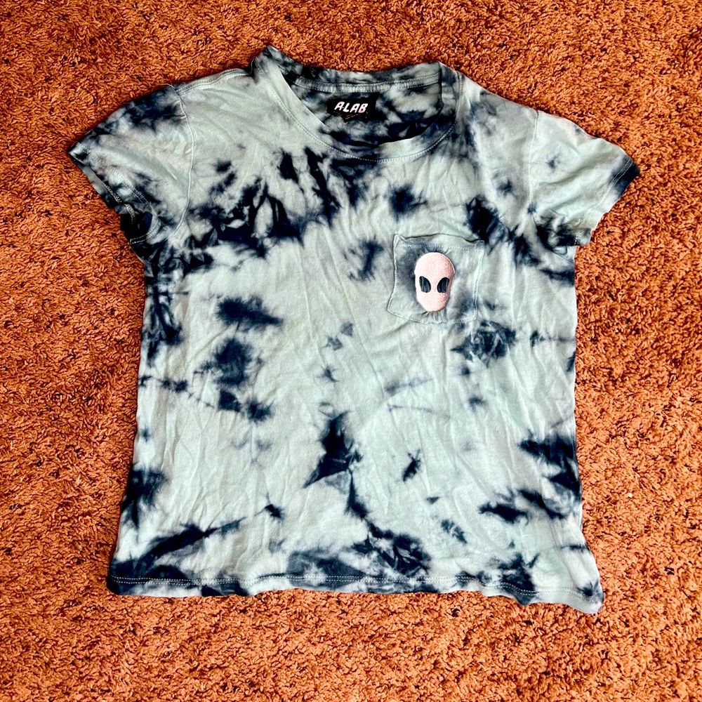 A-lab size small blue-ish tie dye trippy style crop top with alien pocket
